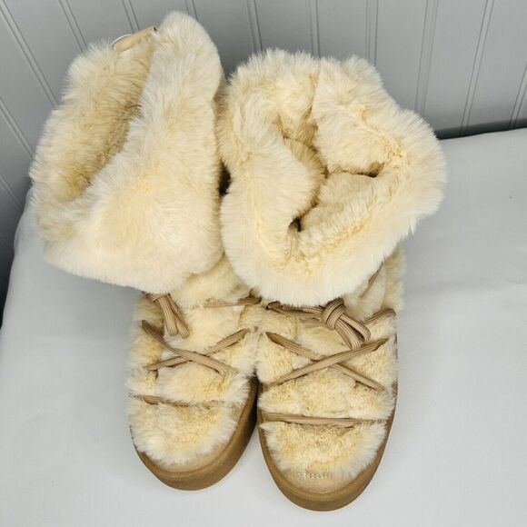 RARE H&M Faux fur Icon Snow Boots Sz 10 Lace Up Soft Biege Boho Soft Fluffy - Picture 3 of 10